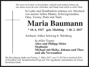 Traueranzeige von Maria Baumann von Pegnitz-Zeitung