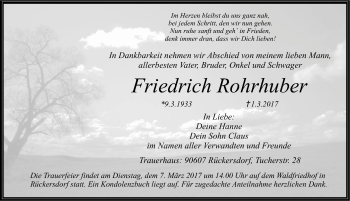 Traueranzeige von Friedrich Rohrhuber von Pegnitz-Zeitung
