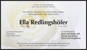 Traueranzeige von Ella Redlingshöfer von Pegnitz-Zeitung