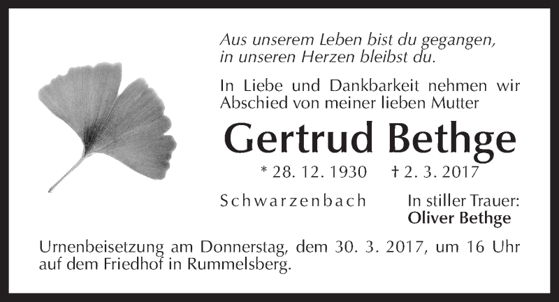  Traueranzeige für Gertrud Bethge vom 29.03.2017 aus Der Bote