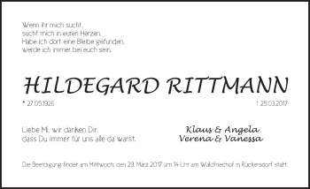 Traueranzeige von Hildegard Rittmann von Pegnitz-Zeitung