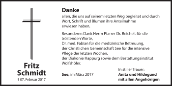 Traueranzeige von Fritz Schmidt von Hersbrucker Zeitung