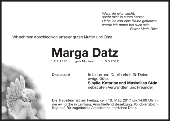 Traueranzeige von Marga Datz von Der Bote