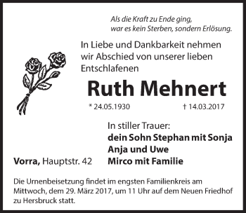 Traueranzeige von Ruth Mehnert von Hersbrucker Zeitung