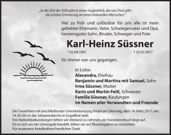 Traueranzeige von Karl-Heinz Süssner von Hersbrucker Zeitung