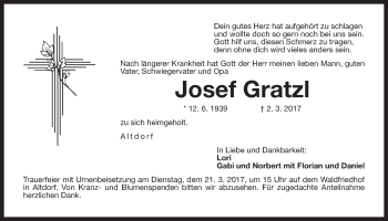 Traueranzeige von Josef Gratzl von N-Land