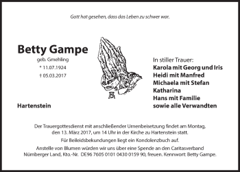 Traueranzeige von Betty Gampe von Hersbrucker Zeitung