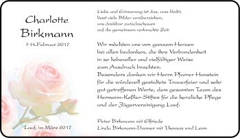 Traueranzeige von Charlotte Birkmann von Pegnitz-Zeitung