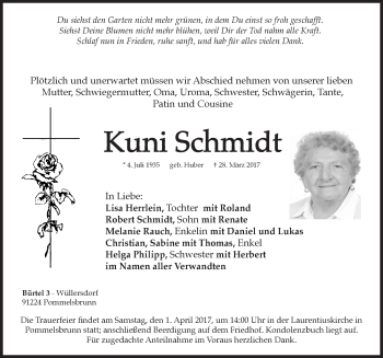 Traueranzeige von Kuni Schmidt von Hersbrucker Zeitung