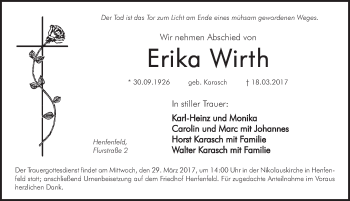 Traueranzeige von Erika Wirth von Hersbrucker Zeitung