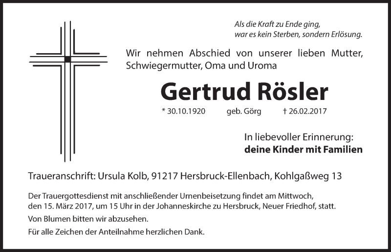  Traueranzeige für Gertrud Rösler vom 11.03.2017 aus Hersbrucker Zeitung