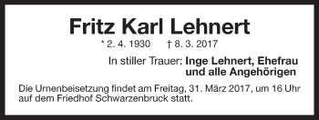 Traueranzeige von Fritz Lehnert von Der Bote