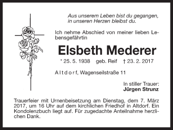 Traueranzeige von Elsbeth Mederer von Der Bote
