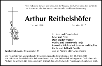 Traueranzeige von Arthur Reithelshöfer von Hersbrucker Zeitung