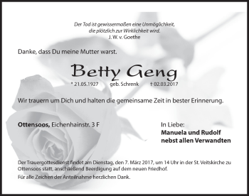 Traueranzeige von Betty Geng von Pegnitz-Zeitung