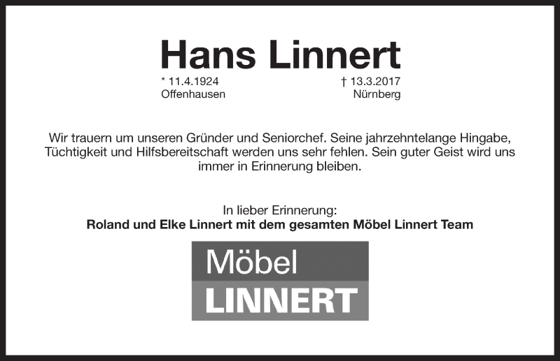  Traueranzeige für Hans Linnert vom 15.03.2017 aus Pegnitz-Zeitung