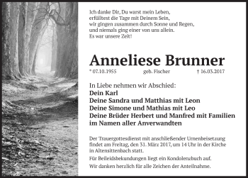 Traueranzeige von Anneliese Brunner von Hersbrucker Zeitung