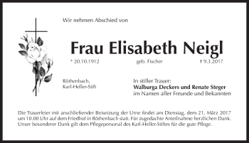 Traueranzeige von Elisabeth Neigl von N-Land