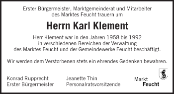 Traueranzeige von Karl Klement von Der Bote