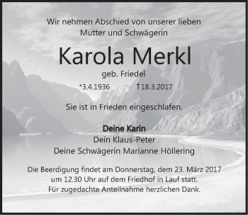 Traueranzeige von Karola Merkl von Pegnitz-Zeitung