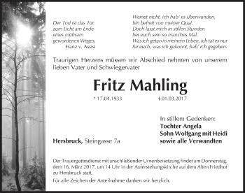 Traueranzeige von Fritz Mahling von Hersbrucker Zeitung