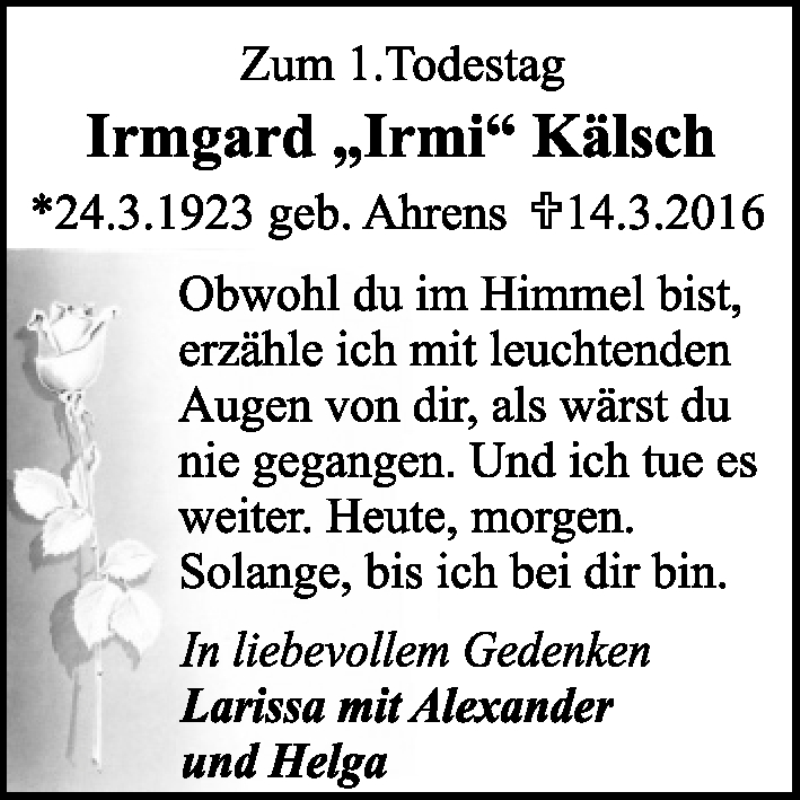  Traueranzeige für Irmgard Kälsch vom 14.03.2017 aus Pegnitz-Zeitung