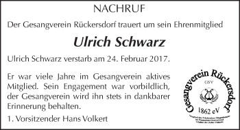 Traueranzeige von Ulrich Schwarz von Pegnitz-Zeitung