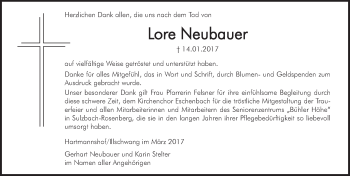 Traueranzeige von Lore Neubauer von Hersbrucker Zeitung