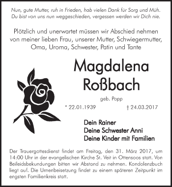 Traueranzeige von Magdalena Roßbach von Pegnitz-Zeitung