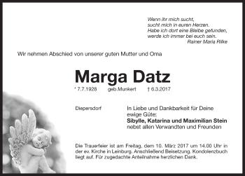 Traueranzeige von Marga Datz von Pegnitz-Zeitung