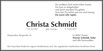 Traueranzeige von Christa Schmidt von Pegnitz-Zeitung
