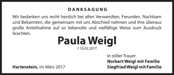 Traueranzeige von Paula Weigl von Hersbrucker Zeitung