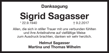 Traueranzeige von Sigrid Sagasser von Pegnitz-Zeitung