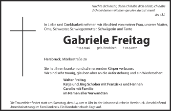 Traueranzeige von Gabriele Freitag von Hersbrucker Zeitung