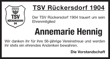 Traueranzeige von Annemarie Hennig von Pegnitz-Zeitung