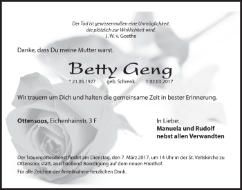 Traueranzeige von Betty Geng von Hersbrucker Zeitung