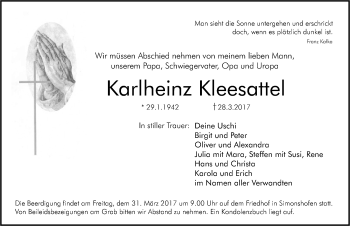 Traueranzeige von Karlheinz Kleesattel von Pegnitz-Zeitung