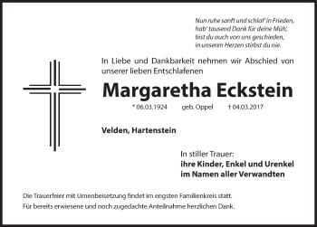 Traueranzeige von Margaretha Eckstein von Hersbrucker Zeitung