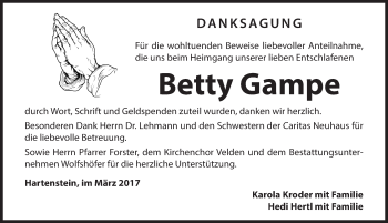 Traueranzeige von Betty Gampe von Hersbrucker Zeitung