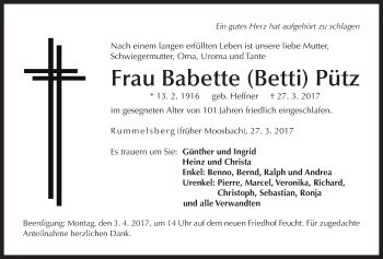 Traueranzeige von Babette  Pütz von Der Bote