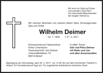 Traueranzeige von Wilhelm Deimer von Der Bote
