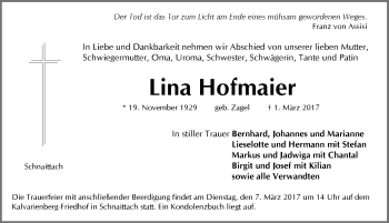 Traueranzeige von Lina Hofmaier von Pegnitz-Zeitung