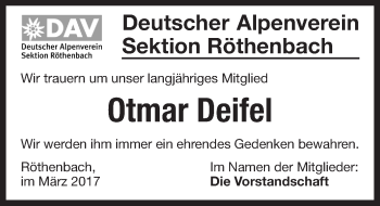 Traueranzeige von Otmar Deifel von Pegnitz-Zeitung