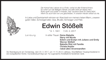 Traueranzeige von Edwin Stößelt von Der Bote