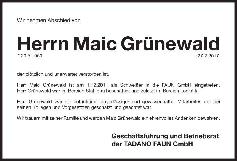  Traueranzeige für Maic Grünewald vom 09.03.2017 aus Pegnitz-Zeitung