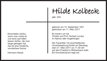Traueranzeige von Hilde Kolbeck von N-Land