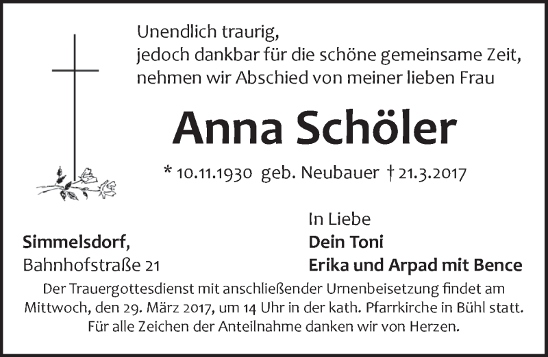  Traueranzeige für Anna  Schöler vom 25.03.2017 aus Pegnitz-Zeitung
