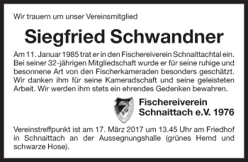 Traueranzeige von Siegfried Schwandner von Pegnitz-Zeitung