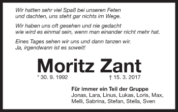 Traueranzeige von Moritz Zant von Pegnitz-Zeitung