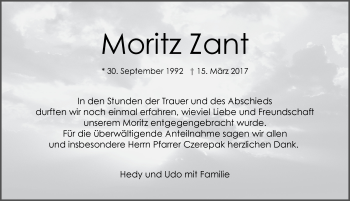 Traueranzeige von Moritz Zant von Pegnitz-Zeitung